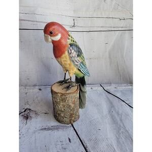Folk Art Hand Carved Wooden Eastern rosella Bird On A Woden Stump